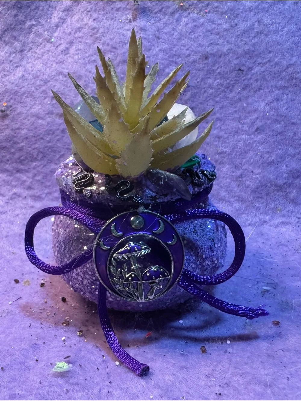 Purple Decorative Succulent mini cauldron with Moon & Mushroom Accent